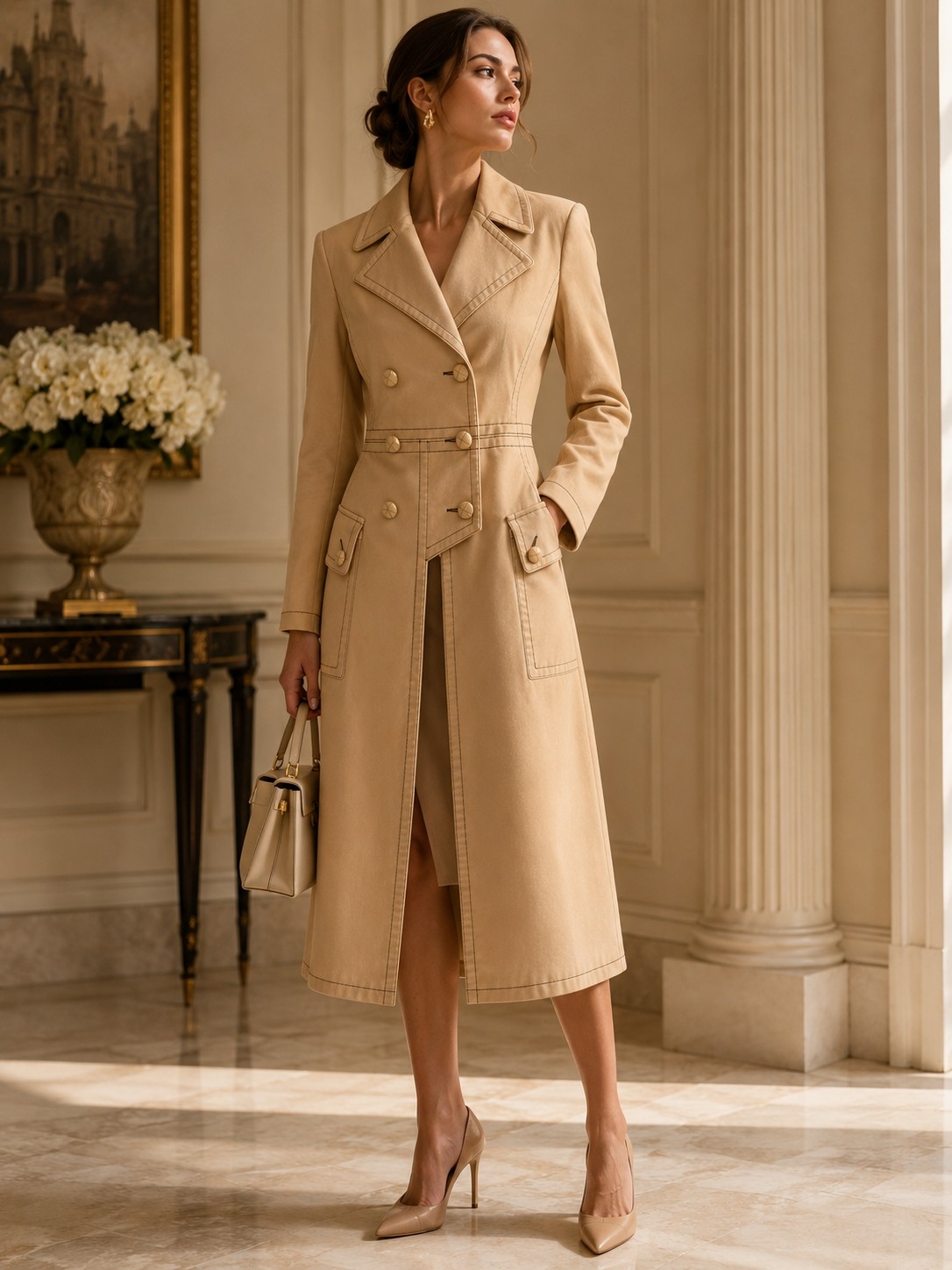 Elisabetta Franchi Women's Double-Breasted Cotton Couture Beige Trench Coat Nwt
